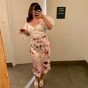 Bardot Kendal pink tie dye satin midi skirt